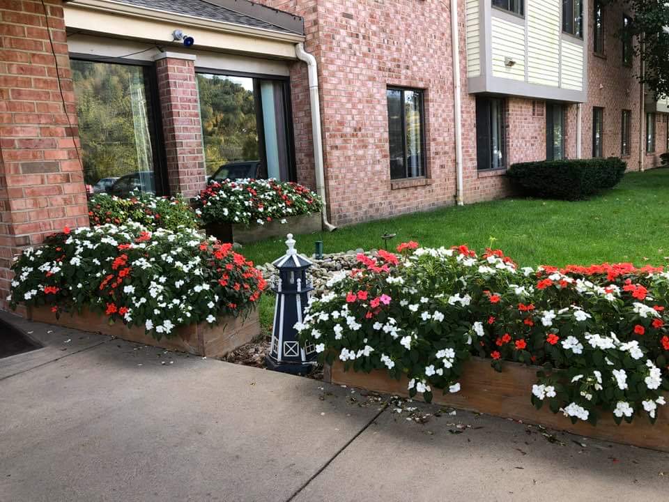 Building entrance with flowers