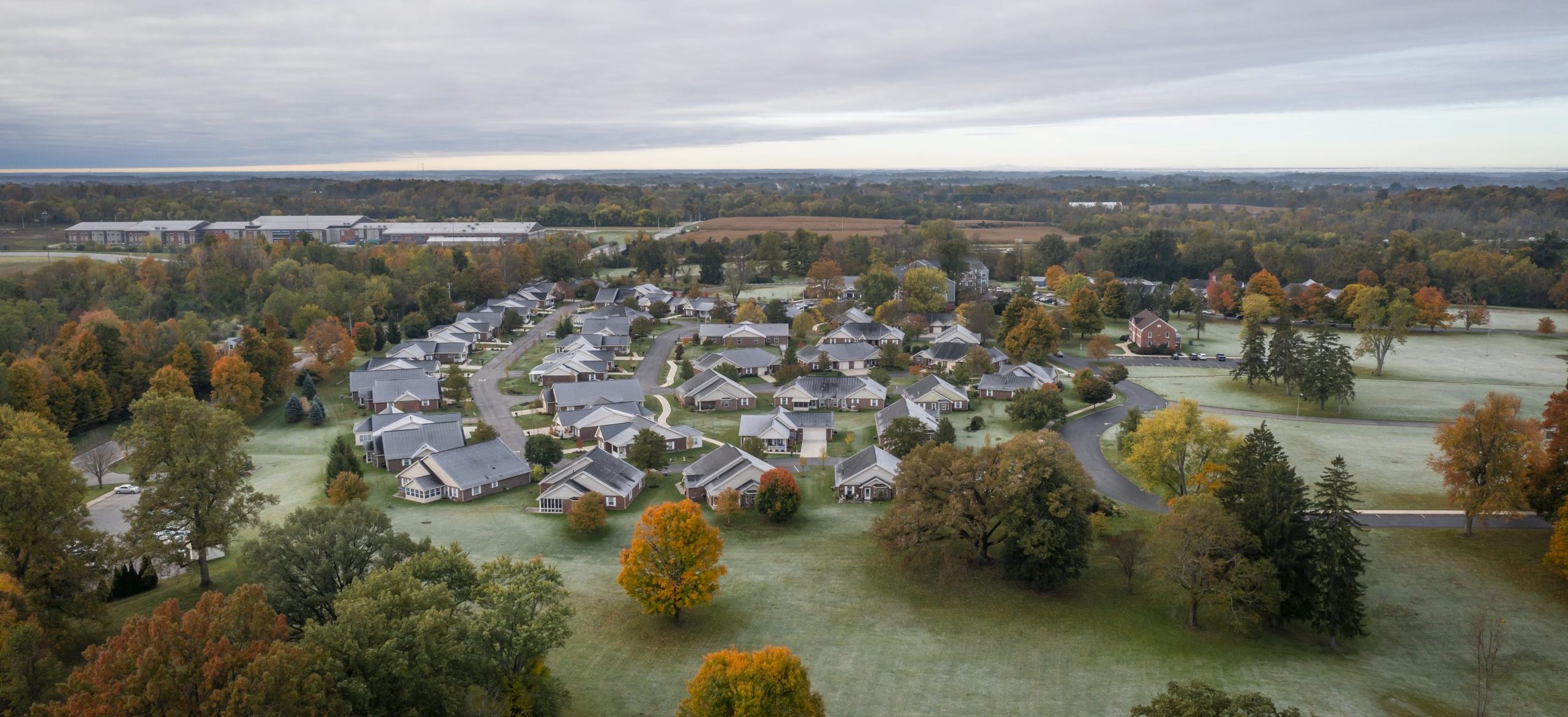 Grand drone image of entire Legacy Village campus