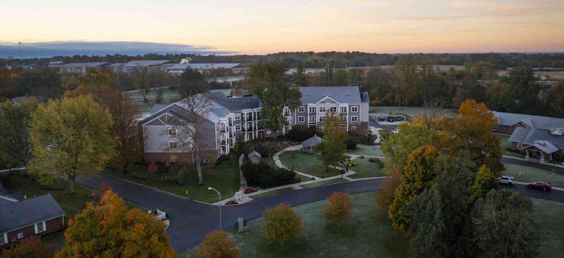 Overhead drone shot of Legacy Village apartments