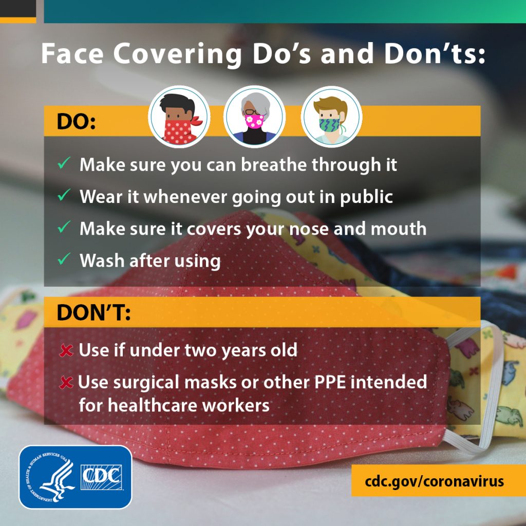 Infographic from the CDC about face covering do's and don'ts