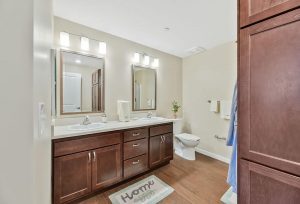 A bathroom in a independent living apartment at Legacy Village