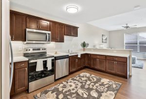 The kitchen in a independent living apartment at Legacy Village