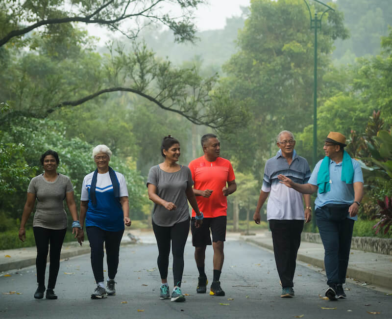 group of senior friends on a walk