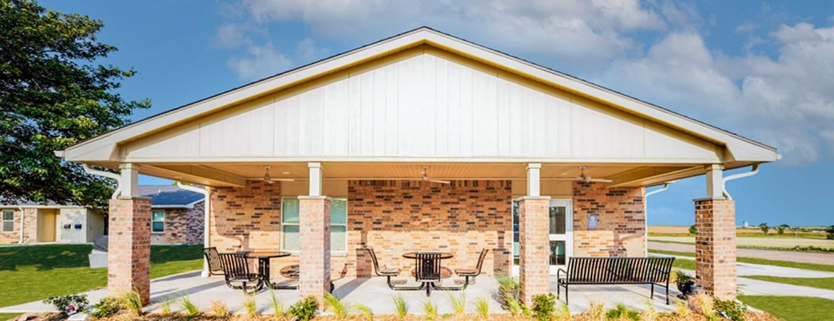 Exterior photo of patio area outside common building