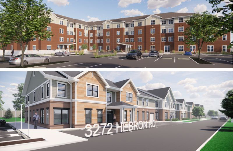 New Hebron Senior Apartments and Arlington Senior Housing building renderings.