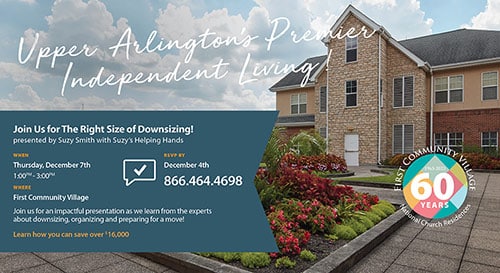 First Community Village The Right Size of Downsizing event flyer