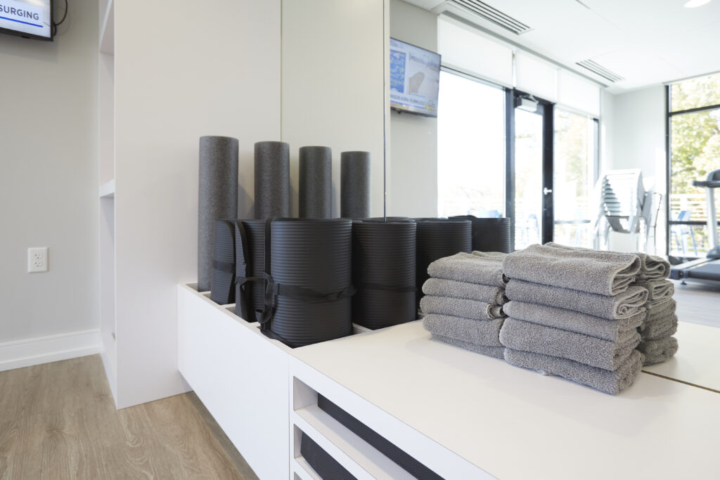 Yoga mats and towels in a fitness studio