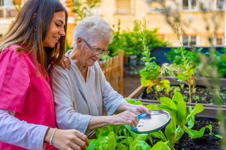 Caregiver helping a senior woman plant in a raised garden bed
