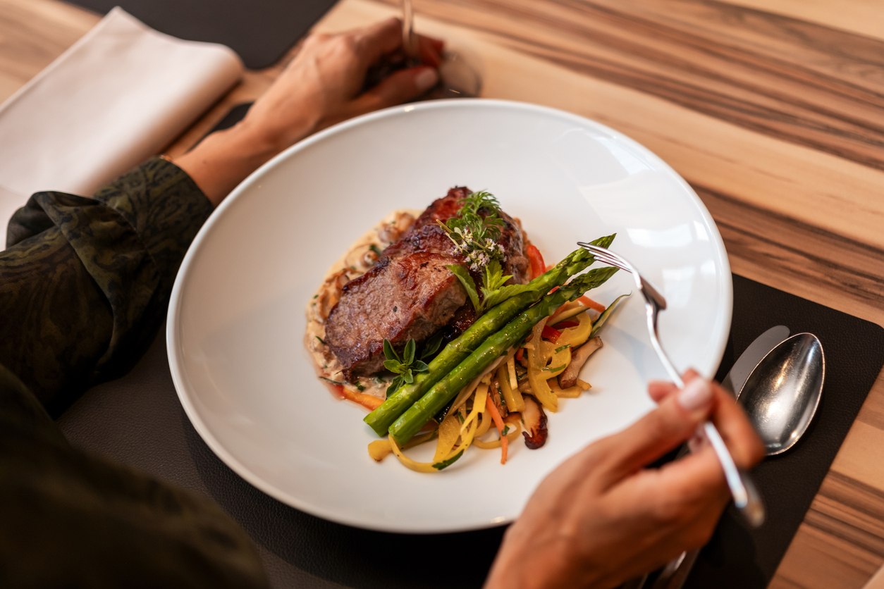 Gourmet steak dinner with asparagus at Brookwood Point