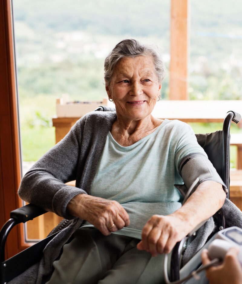 Senior woman in a wheelchair talking with a nurse