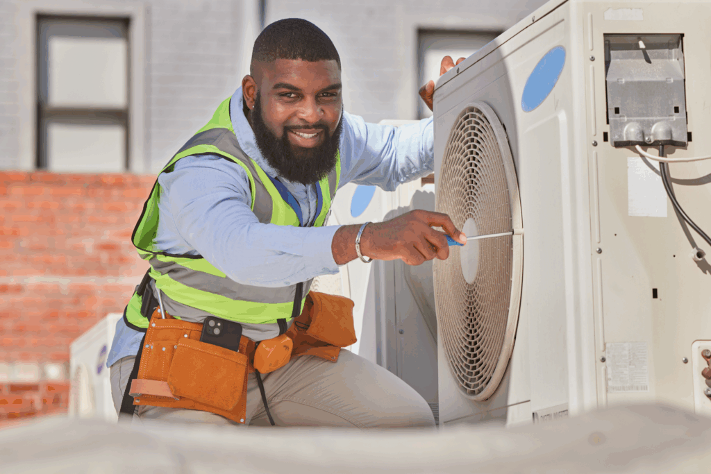 Maintenance worker repairing HVAC unit