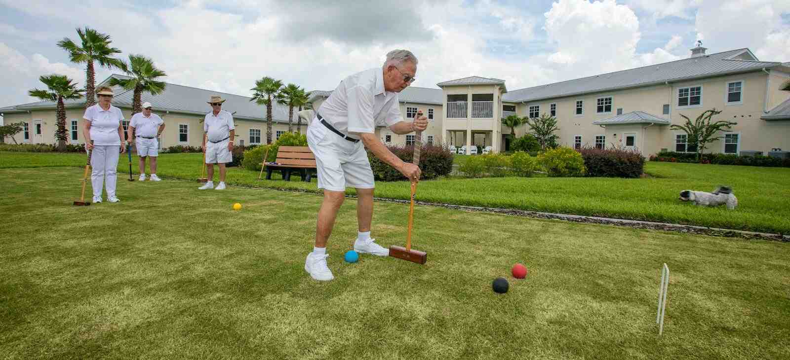 Senior playing croquet