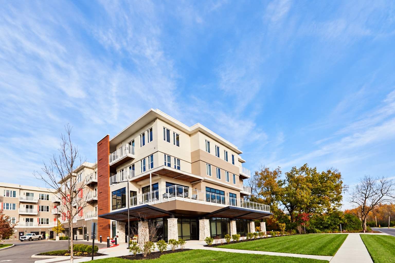 Exterior of Walnut Trace senior living apartments